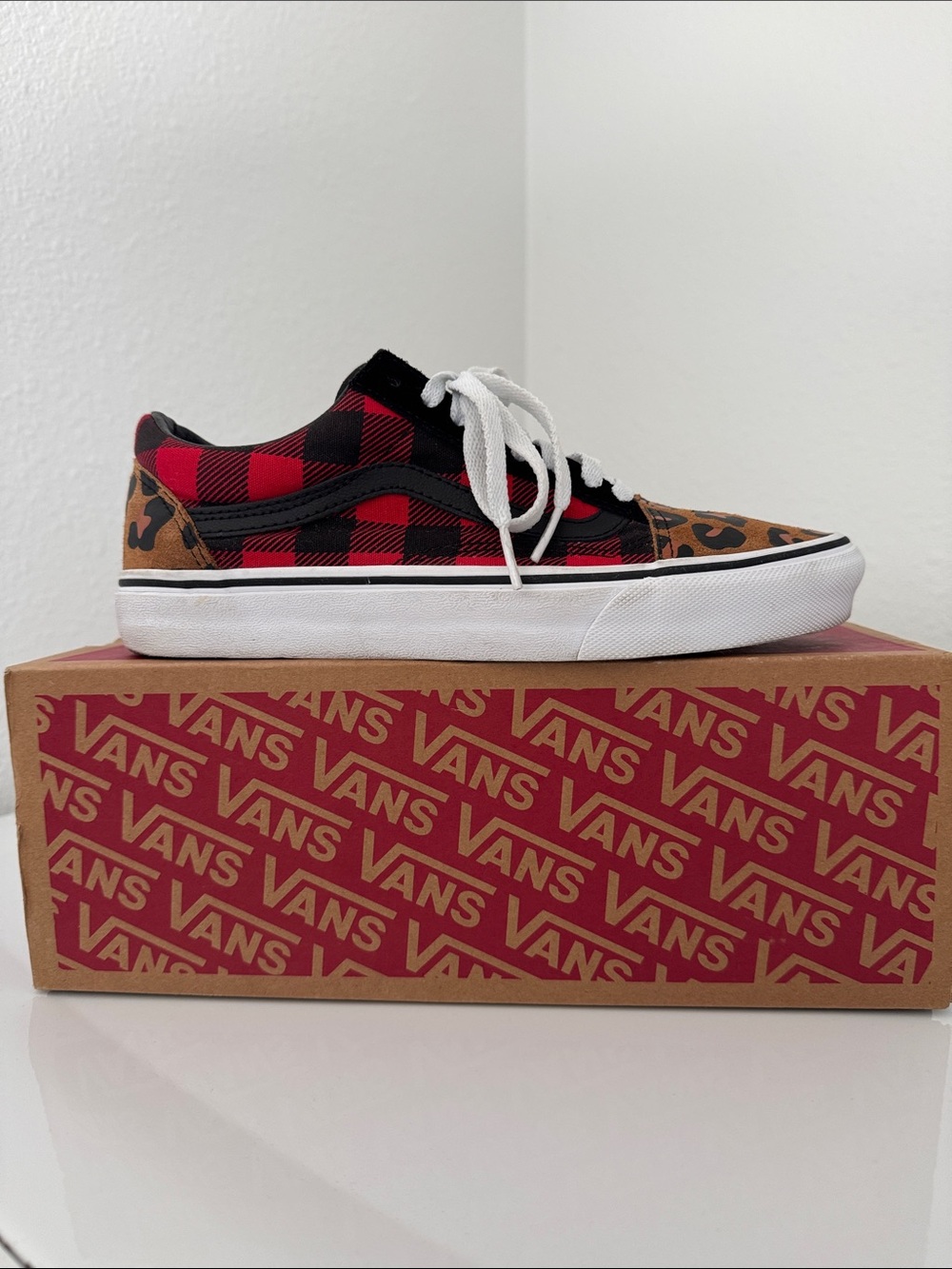 Vans Old Skool Red Buffalo Plaid with Leopard Print Toe